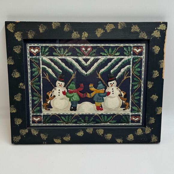 Linda Hale Snowman Scene Wood Damaged Frame Dated 1981 14.5 X 11.5 - Picture 1 of 8